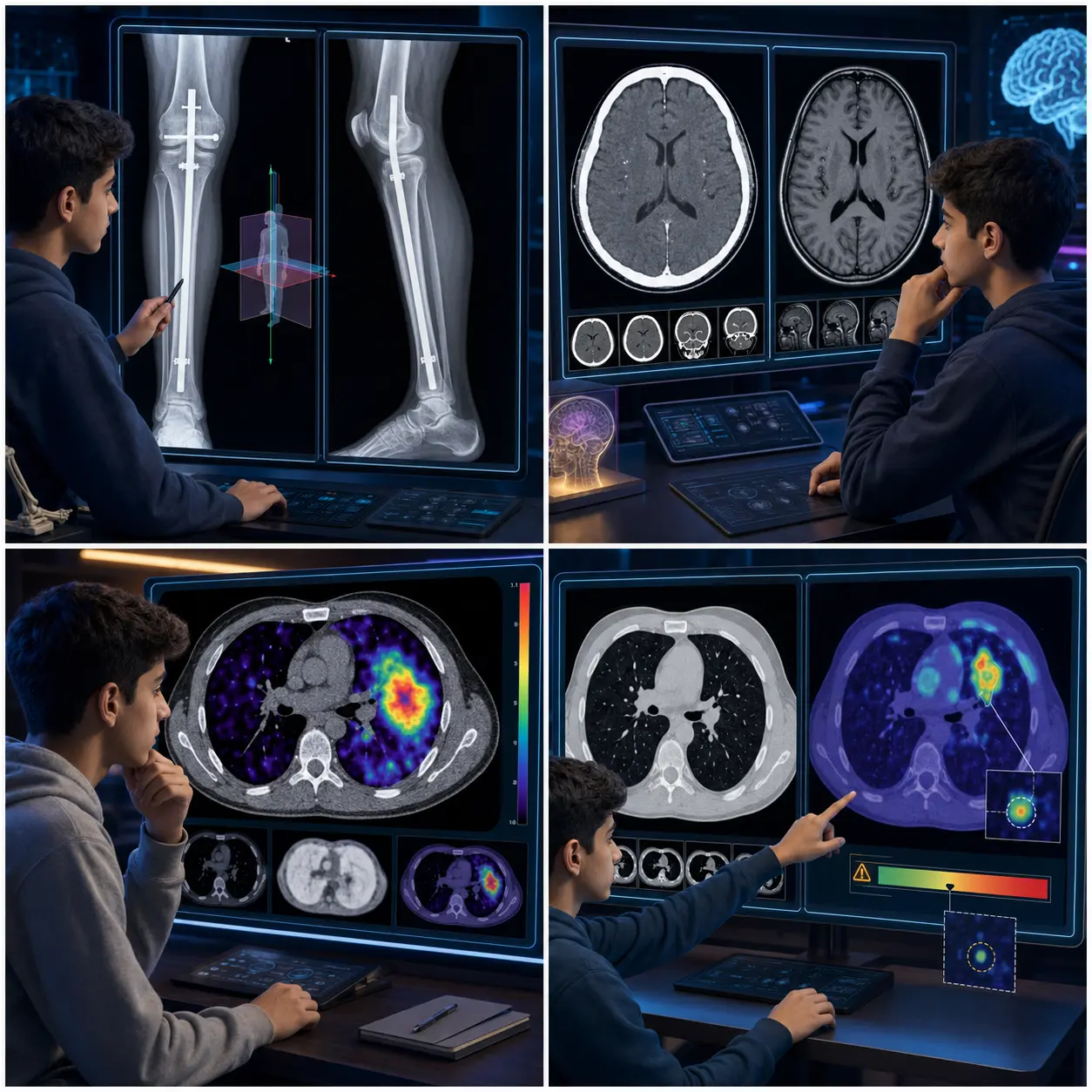 چهار صحنه تازه از مقایسه دو نما، CT و MRI، PET/CT و کنترل خطای هوش مصنوعی توسط دانش‌آموزان پسر