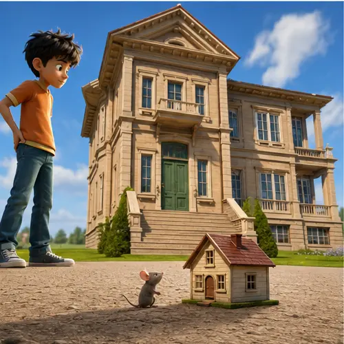 دانش‌آموز، خانه بزرگ و خانه بسیار کوچک موش برای نمایش تضاد مقیاس
