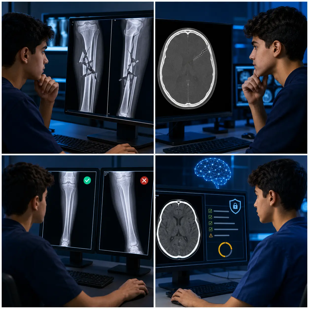 چهار صحنه تازه از تحلیل شکستگی خردشده، CT جمجمه، کنترل کیفیت X-ray و بررسی امن CT توسط دانش‌آموزان پسر