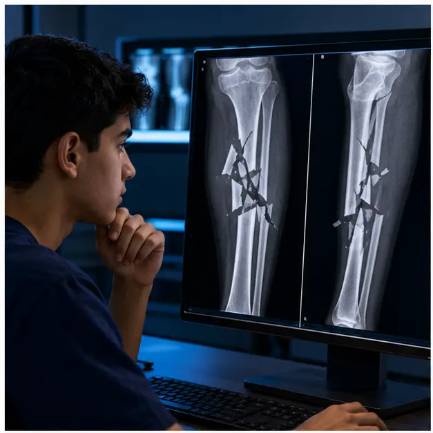 دانش‌آموز پسر در حال شمردن قطعات شکستگی خردشده روی دو نمای X-ray