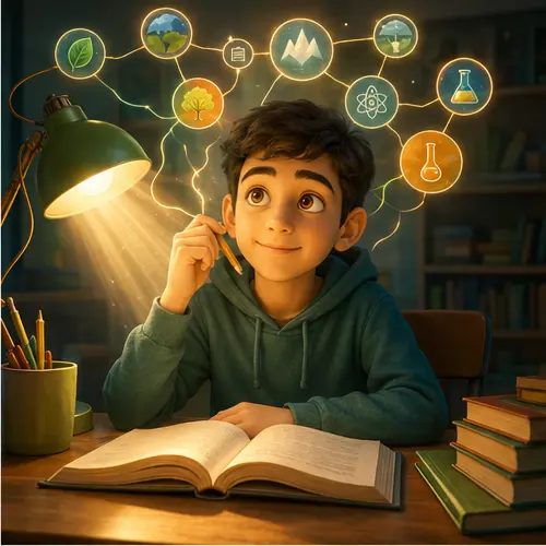 دانش‌آموز پسر در حال فهمیدن یک مفهوم با نور نمادین