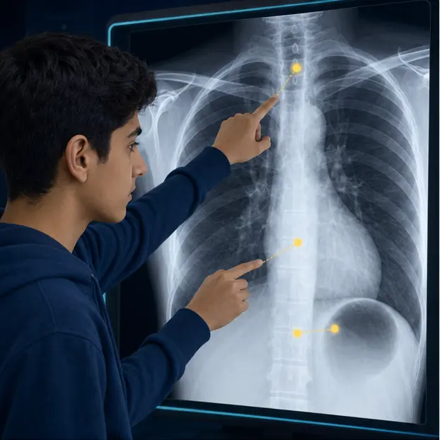 دانش‌آموز پسر در حال مرور منظم X-ray آموزشی قفسه سینه
