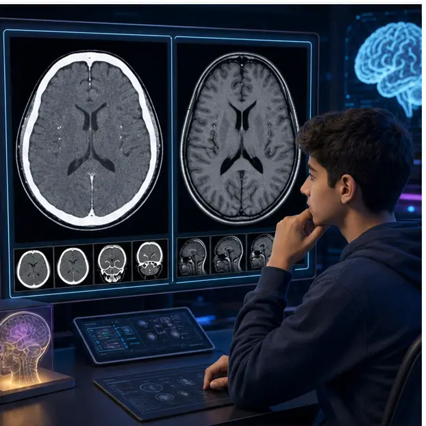 دانش‌آموز پسر در حال مقایسه CT و MRI آموزشی مغز