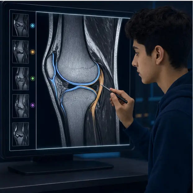 دانش‌آموز پسر در حال دنبال کردن غضروف، منیسک و رباط روی MRI آموزشی زانو