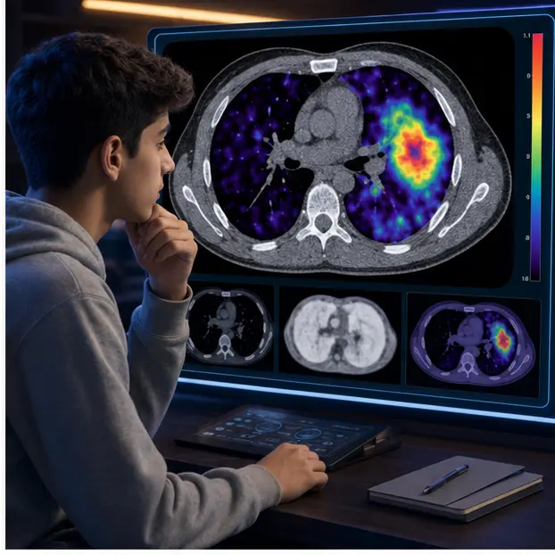 دانش‌آموز پسر در حال بررسی PET CT آموزشی با نقشه فعالیت رنگی