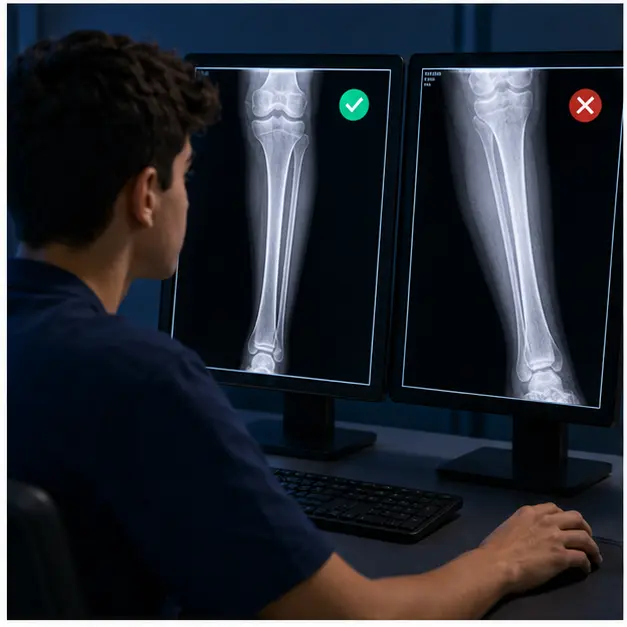 دانش‌آموز پسر در حال مقایسه X-ray درست با نمونه چرخیده و کم کیفیت