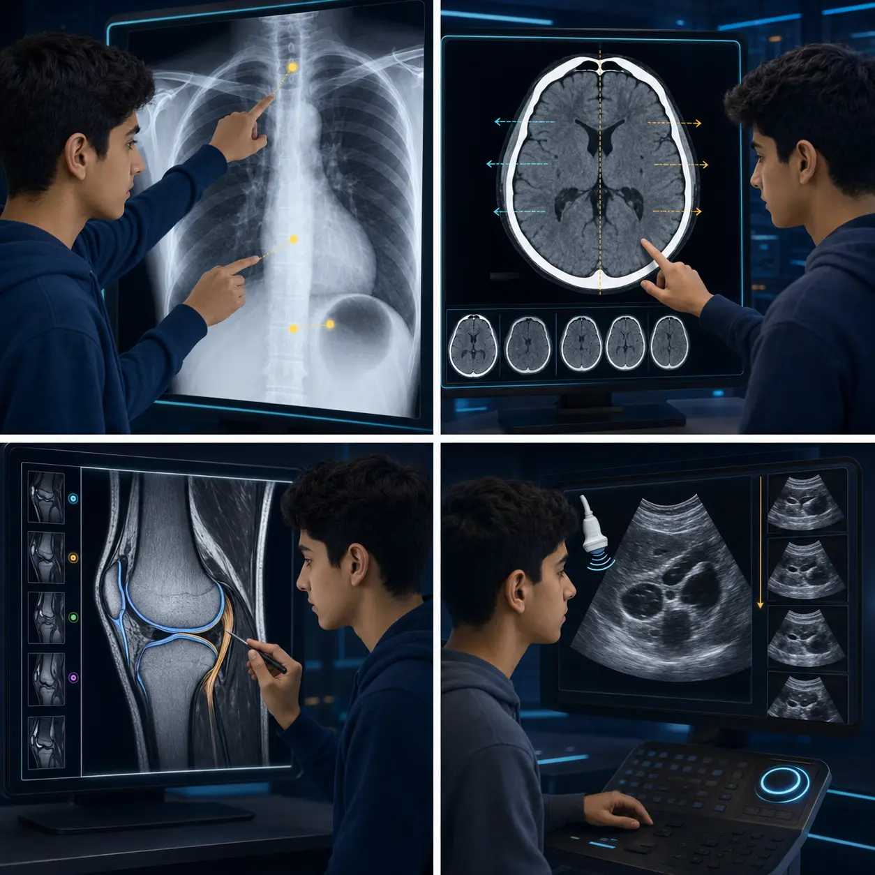 چهار صحنه تازه با دانش‌آموزان پسر در حال بررسی X-ray قفسه سینه، CT سر، MRI زانو و سونوگرافی