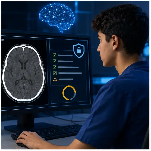 دانش‌آموز پسر در حال بررسی CT آموزشی سر با چک لیست حریم خصوصی و عدم قطعیت