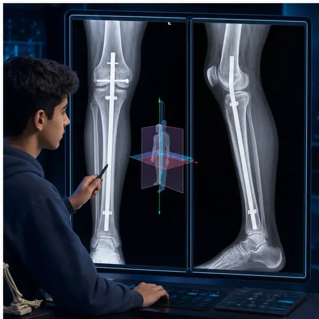 دانش‌آموز پسر در حال مقایسه دو نمای عمود برهم X-ray اندام